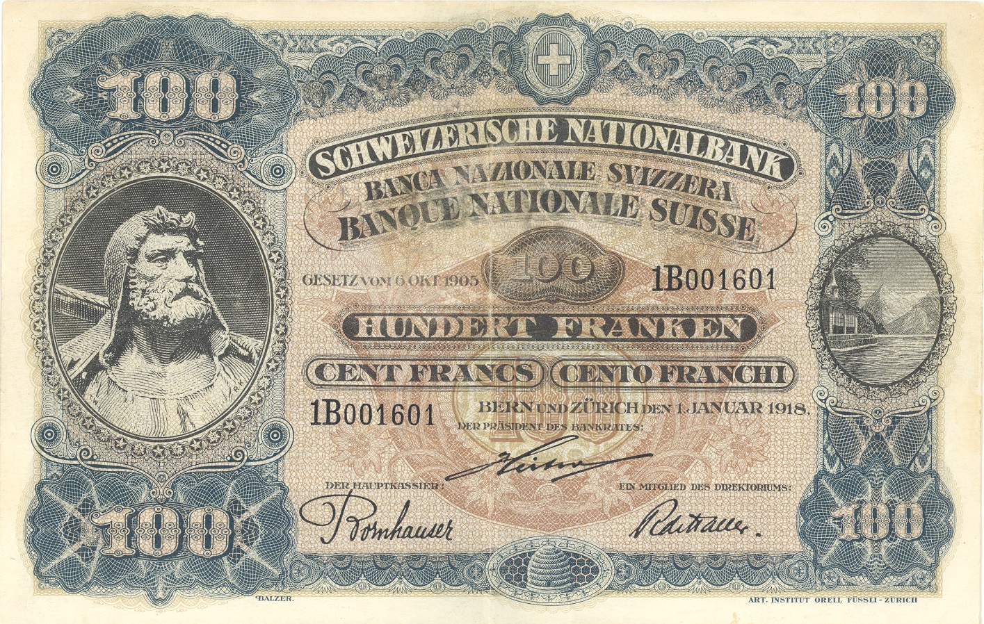 3. Banknotenserie 1918, 100-Franken-Note, Vorderseite