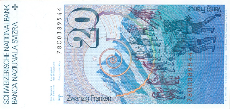 6. Banknotenserie 1976, 20-Franken-Note, Rückseite