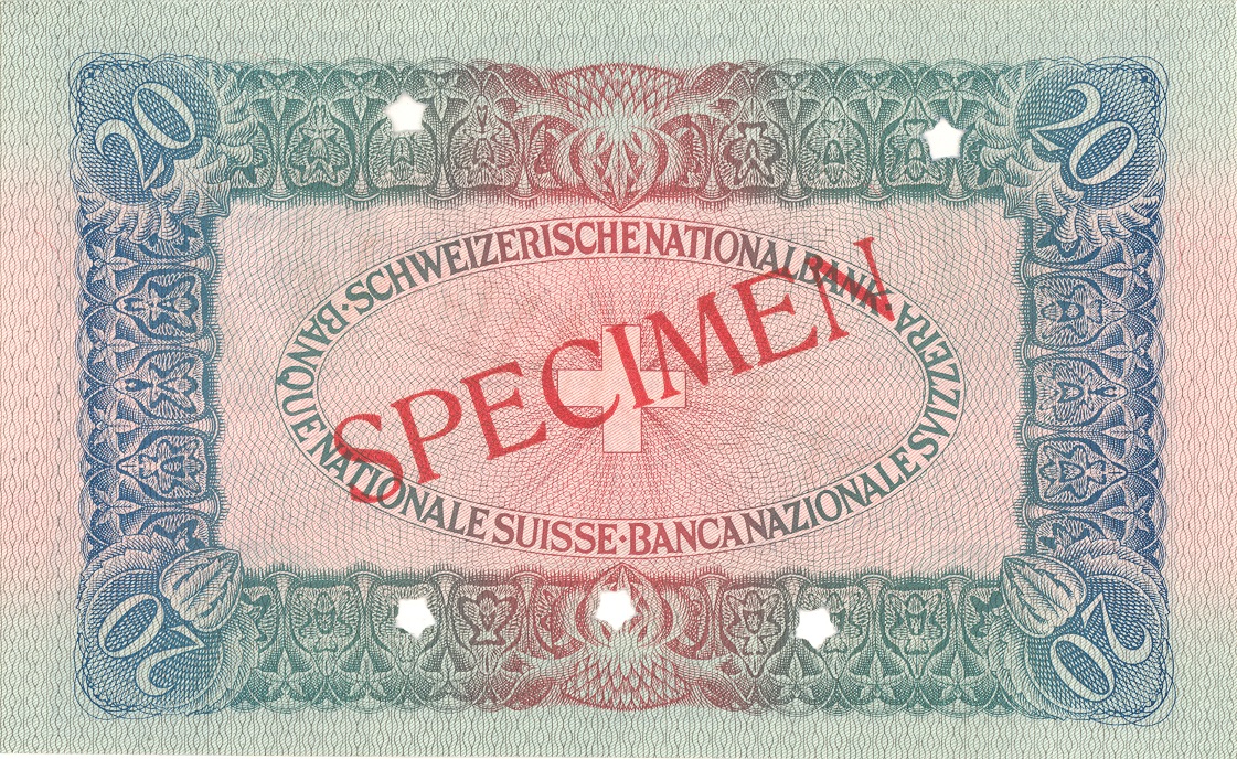 3. Banknotenserie 1918, 20-Franken-Note, Rückseite
